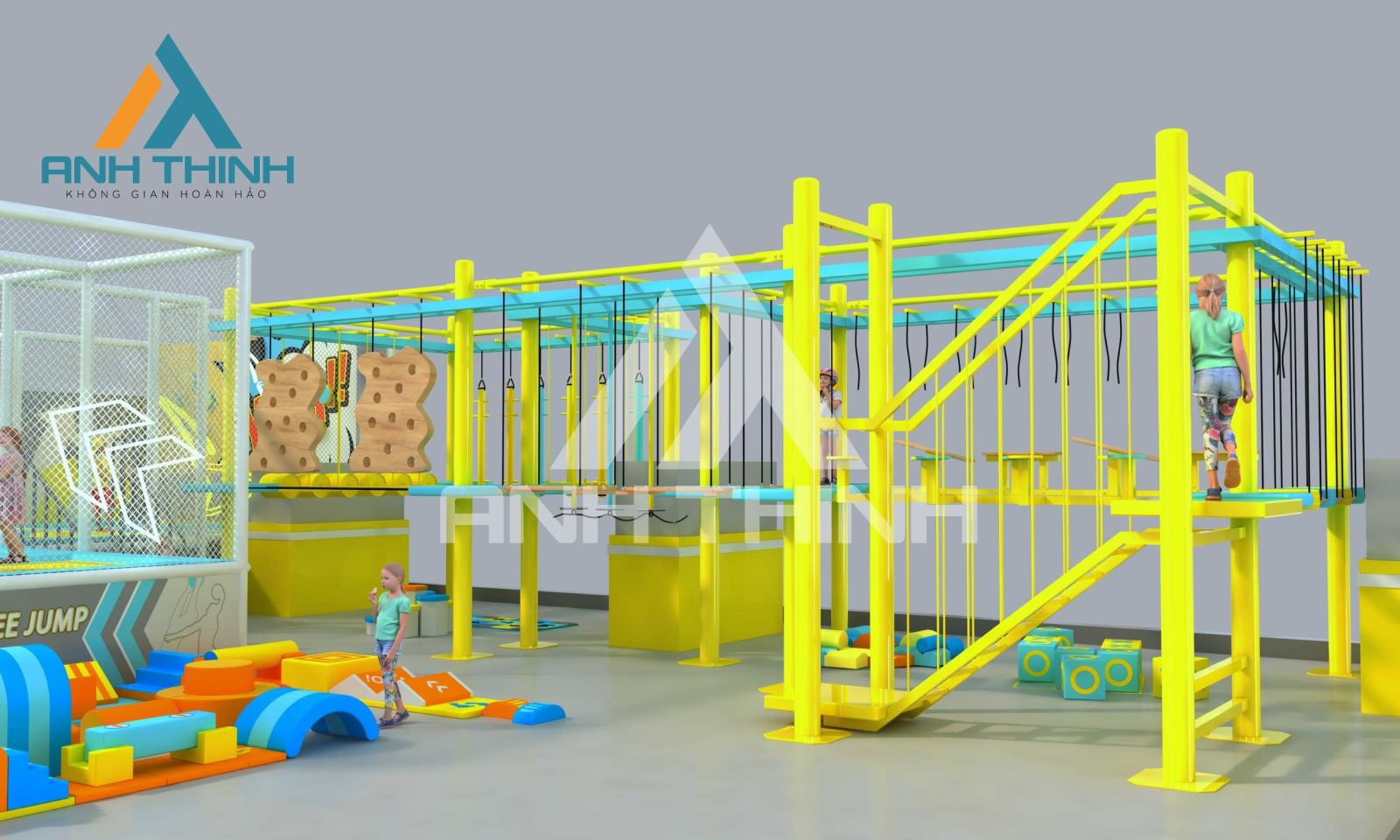khu vận động trampoline, gym kids, rope course